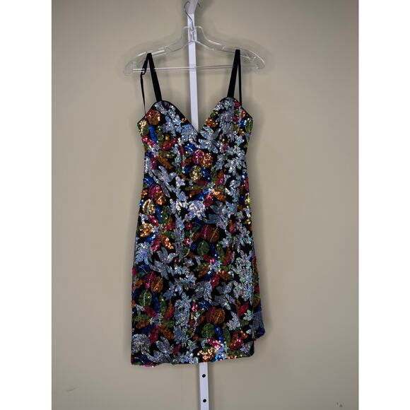 Mac Duggal NWT Sequined Floral Detail Mini Dress in Black Multi Size 8 - Picture 5 of 8
